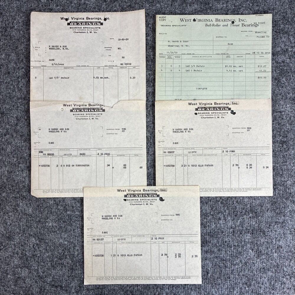 1950-52 West Virginia Bearings Invoices to M Marsh Cigar Co WV Lot of 5 Fafnir